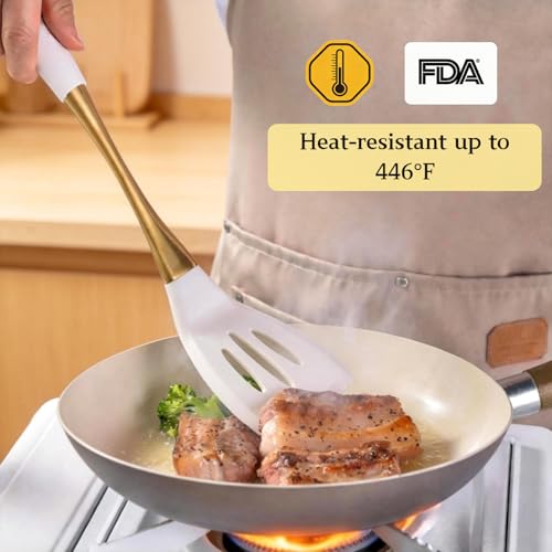 Heat-Resistant Kitchen Spatula Set – Non-Toxic Cooking Utensils with Solid & Slotted Designs –Food Grade Silicone and Gold-Plated Stainless Steel Handles –Ideal for Nonstick Cookware, Gold - color: Golden