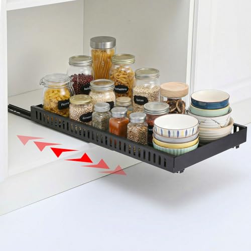 2 Pack Pull-Out Pots and Pans Organizer Under Cabinet, Slide-Out Pot Lid Holder with 8 Adjustable Dividers, No-Drill Adhesive Kitchen Cabinet Storage Rack (Black)