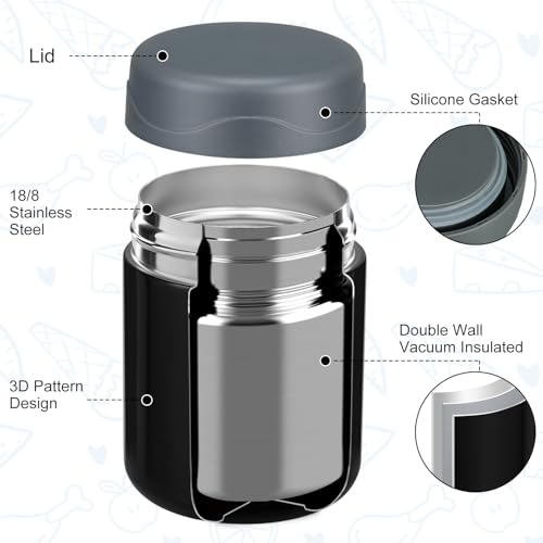 wiwens 12oz 2 Pack Insulated Food Jar Set for Kids Soup Thermo Hot Food Lunch Container Wide Mouth Leak Proof Stainless Steel Vacuum Bento Box for School Office Travel Outdoors - color: Black*2