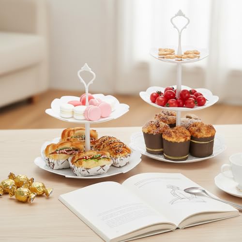 Tosnail 3 Pack 3 Tiers White Plastic Cupcake Stand Dessert Stand Tiered Serving Trays - Round, Square, Flower - color: White