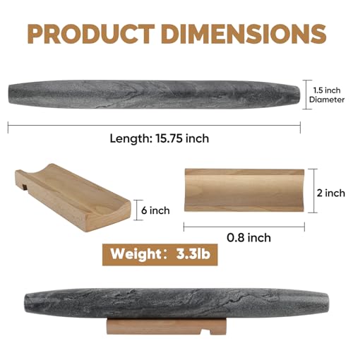 Koville African Natural Marble French Rolling Pin, 16inch Non-Stick Rolling Pin for Baking, Dough Roller for Pasta, Dumpling, Fondant, Pie, Bread, Pizza, Kitchen Baking Tools(Monte Grigio) - color: Shuttle Grey Marble 16 Inch