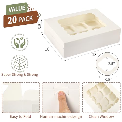 TOMNK 20-Pack Cupcake Boxes, 12 Count Bakery Boxes with Windows & Inserts - size: 13x10x3.5inch