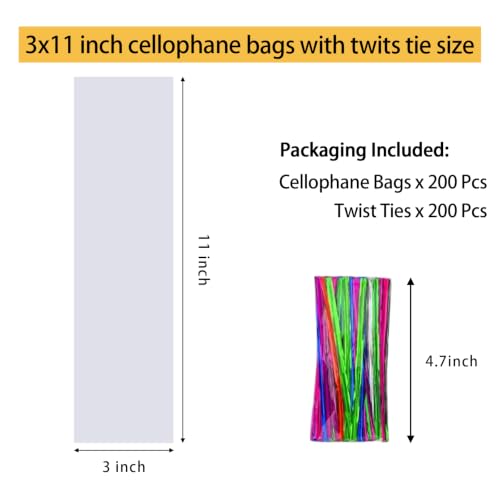 Nobranded 200 pcs Clear 3" x 11" Flat Cello Cellophane Bags Poly Treat Bags 2.8 mils for Gift Wrapping, Bakery, Cookie, Candies, Toast, Dessert, Party Favors Packaging with Color Twist Ties… - size: 3x11 Inch (Pack of 200)