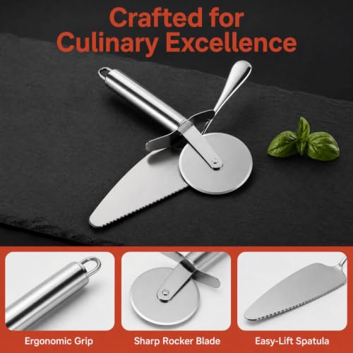 2Pcs Stainless Steel Pizza Cutter Wheel and Serving Spatula Set, Silver Kitchen Baking Pastry Cutting Tools for Pizza