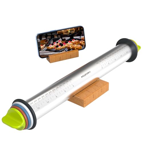 Stainless Steel Rolling Pin with Thickness Ring&Wood Stand For Baking Dough - color: Rolling Pin+Stand