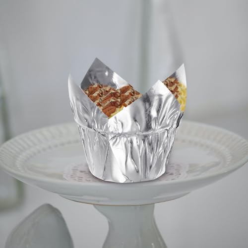 HARFINGTON 50Pcs Tulip Cupcake Liners Standard Aluminum Foil Baking Cups Greaseproof Wrappers Disposable for Birthday Banquets Party, Silver Tone - color: Silver Tone