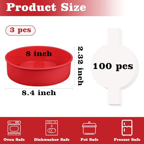 HUAKENER 8 Inch Round Cake Pan,3Pcs Silicone Cake Mold with Parchment Paper - size: 8 Inch