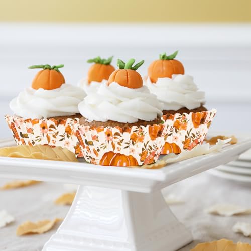 Whaline 300Pcs Fall Cupcake Liners Watercolor Pumpkin Flower Paper Baking Cups Autumn Floral Muffin Liner Cake Paper Cups Storage Container for Thanksgiving Party DIY Craft, 2x1.2 Inch - style: Pumpkin Flower