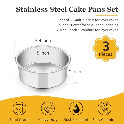 TeamFar 5 Inch Cake Pan Set of 3, Stainless Steel Small Layer Cake Pans Tin - size: 5 inch