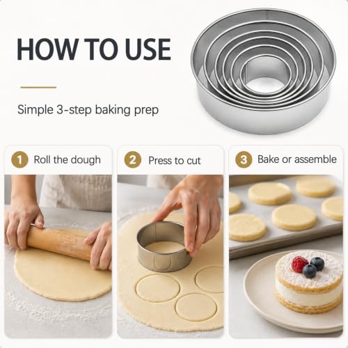 6-Piece Stainless Steel Round Cookie Cutter Set, Circle Baking Cutters for Cookies, Pastries, Donuts and Sandwiches