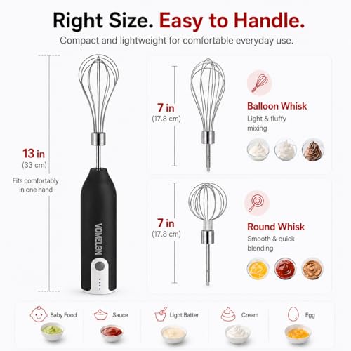 Electric Hand Mixer Whisk | Wireless Rechargeable Handheld Egg Beater with 2 Stainless Steel Mixing Heads | Portable Kitchen Hand Mixer for Egg, Milkshake Cream, Cake, Baking & Cooking-Black - color: Black