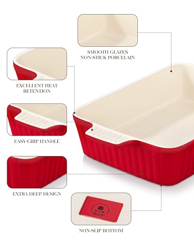 MALACASA 4.4 QT Ceramic Casserole Dishes for Oven, 9x13 Baking Dishes, Red - color: Red