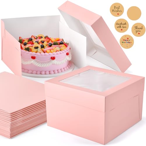 12Pcs Cake Boxes, 12x12x8 Inches Tall Bakery Boxes with Window, Pink - color: Pink, size: 12x12x8inch