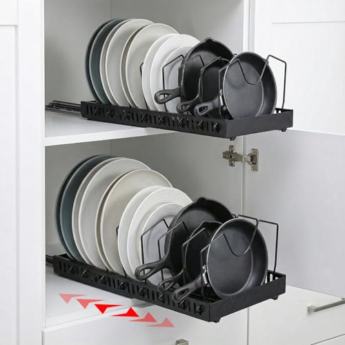 2 Pack Pull-Out Pots and Pans Organizer Under Cabinet, Slide-Out Pot Lid Holder with 8 Adjustable Dividers, No-Drill Adhesive Kitchen Cabinet Storage Rack (Black)