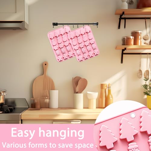 Christmas Silicone Candy Molds, Holiday Shapes with Snowman, Tree, Gingerbread Man, 2-Pack, Pink - color: QY297