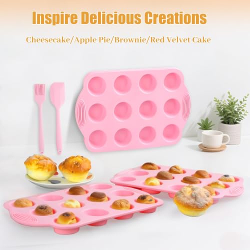 JEPELUS 2 Pack Silicone Muffin Pan for Baking with Oil Brush Spatula