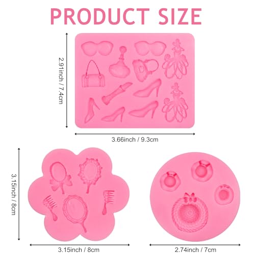 Makeup Theme Fondant Molds, High Heels Lipstick Perfume Silicone Molds, Mirror Comb Sun Hat Cake Decorating Chocolate Molds for Cupcake Topper Candy Sugar Craft Gum Clay Resin Set of 3