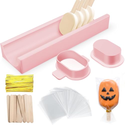 3 Inch Cakesicle Cutter and Cake Pop Mold Set with 8.7in Tray, 100 Wooden Sticks & 100 Bags, Silicone Cakesicle Mold for Homemade Cake Pops, Baking, Birthdays and Party Desserts (Pink) - color: Pink