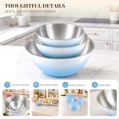 Blue Gradient Mixing Bowls with Measurements, 3-Piece Set - color: Blue Gradient