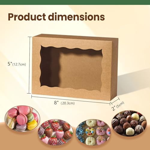 50PCS 8x5x2 Inch Bakery Boxes with Window for Chocolate Covered Strawberries, Cookies, Cakesickle, Brownies, Donut & More - color: Brown