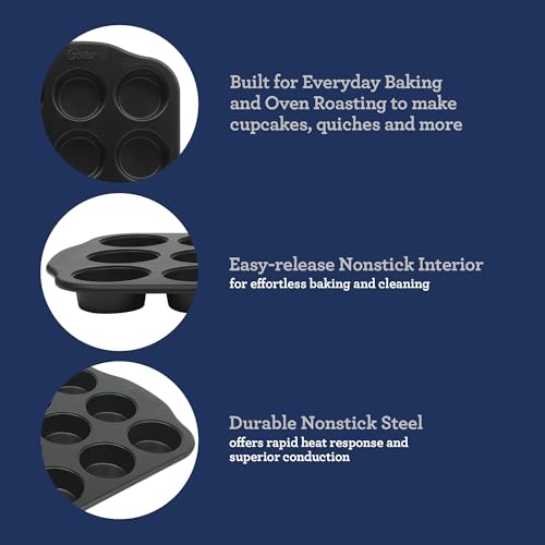 Oster Teston 12-Cup Muffin Pan, Nonstick Carbon Steel Cupcake Baking Tray, Matte Black, PFAS-Free, Easy Release, Oven-Safe Bakeware - color: Matte Black, size: 12-Cup Muffin Pan