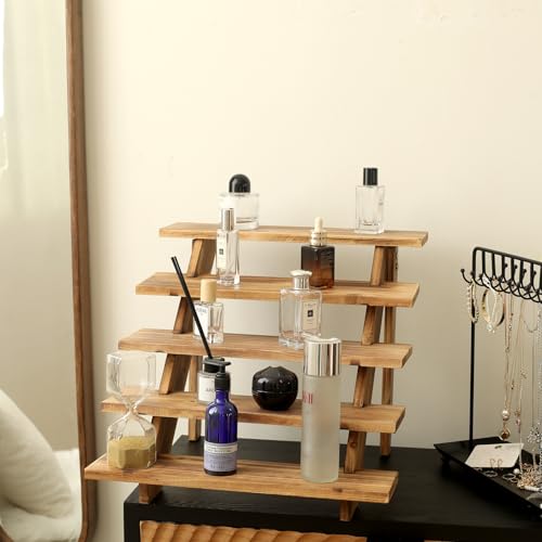SwallowLiving 5 Tier Wooden Rustic Cupcake Stand for 30 Cupcakes, Stepped Wood Display Stand for Weddings, Tiered Party Table Display Riser for Food , Dessert, Cookie, Decor, Craft Show, Burnt - color: Burnt | 5-tier
