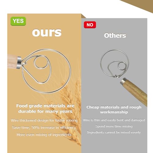 Sourdough Danish Dough Whisk Sour Dough Whisking Tool，13inch Wooden With Stainless Steel Durable，Flat Dutch Sourdough Bread Baking Supplies，Easy Seamless Wisking Sour Dough Mixing Tool(Double loop)