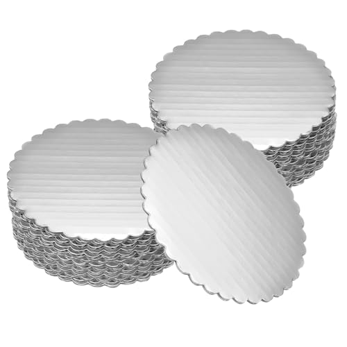 uxcell 50 Pcs Scalloped Cake Circle Base, 4.9 Inch Wave Cake Cardboards Greaseproof Cardboard Round Wave Cake Pastry Pan Base for Weddings Parties Birthday Desserts Cupcake (Silver) - color: Silver, size: 4.9Inch