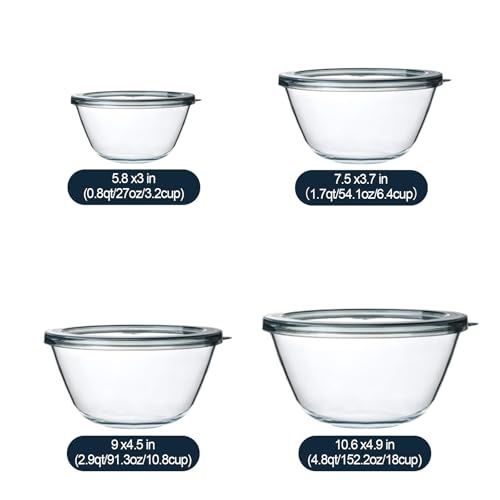 M MCIRCO 4 Packs Glass Mixing Bowls with Lids Set, 0.8/1.7/2.9/4.8 Qt