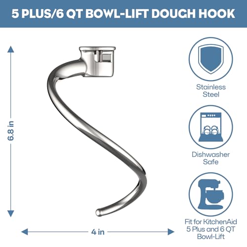 COFUN Stainless Steel Spiral Dough Hook for Kitchenaid Stand Mixers - color: Sliver- 5Plus & 6QT Spiral Hook