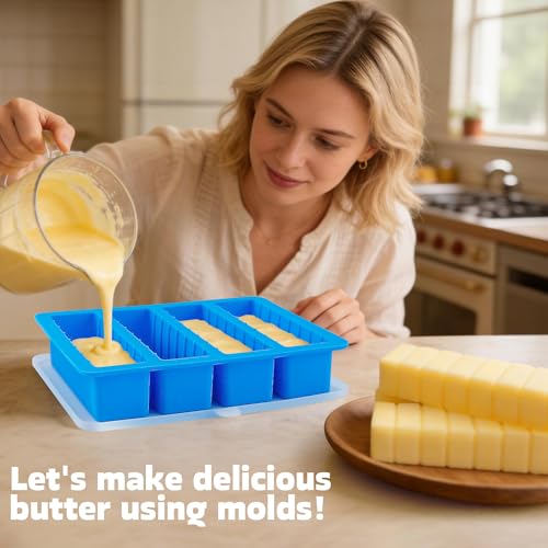 Sidosir 2 Pcs Butter Silicone Mold with Lid, Non-Stick Butter Mold Tray with Measurements for Chocolate and Homemade cakes, Ice, Butter Mold for Homemade Butter - size: Standard with Scale Markings