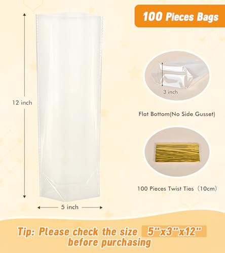 Flat Bottom Cellophane Bags with Twist Ties, 100 Pcs 5x3x12 Inches Cellophane Wrap for Gift Clear Cello Bags Flat Bottom Clear Treat Bags Plastic Packaging for Cookie Candy Goodie (No Side Gusset) - size: 5×3×12 Inch(Pack of 100)