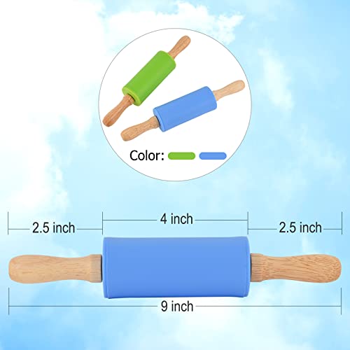 Mini Silicone Rolling Pin for Kids, Non-stick Surface Wood Handle, 9 Inch 2 Pack - color: Blue-Green, size: 2 PACK