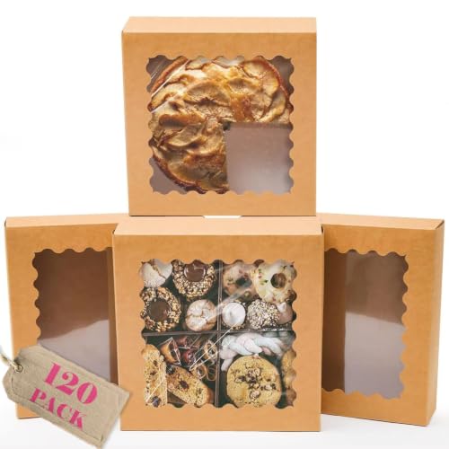 qiqee 10"x 10"x 2.5" Brown Pie Boxes with Window 120Packs Cookie Donut Bakery Box (Auto-pop Up) - color: Brown, 120Packs