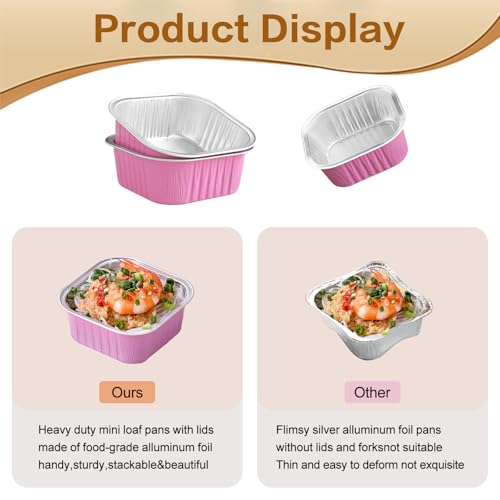 Mini Cake Pans With Lids And Spoons 10 oz 50 Pack Individual Small Cake Aluminum Foil Pans Disposable Square Mini Brownie Baking Cupcake Liners Muffin Tin tins (Pink, 10oz) - color: Pink, size: 10oz