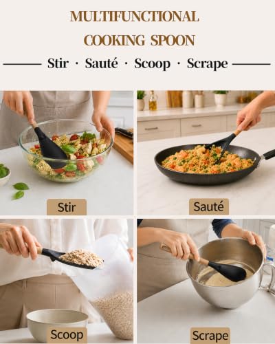 Astercook Cooking Spoon, 2 Pack, Nonstick Safe Silicone Spatula - color: Black