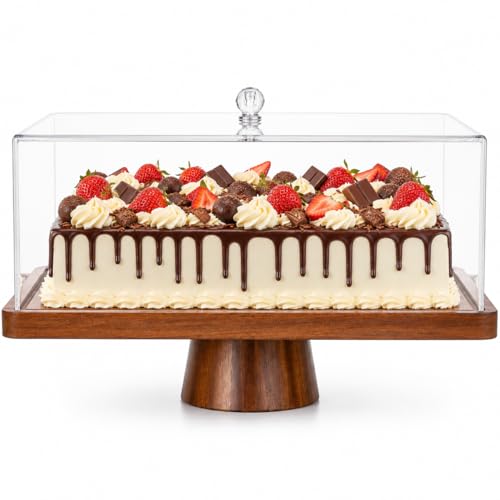 Acacia Wood Cake Stand with Acrylic Lid,2-in-1 Serving Tray,Dessert Display
