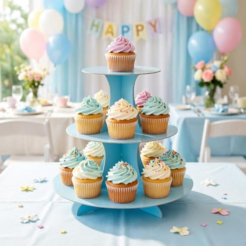 YLDW Cupcake Stand, 3-Tier Cupcake Stand Display, Cardboard Cup Cake Tower Stand, Disposable Dessert Stand for Birthday Tea Party Baby Shower Treat Decorations, Baby Blue - color: Light Blue