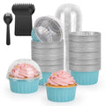100-Pack 5 oz Mint Blue Mini Cake Pans with Lids, Disposable Aluminum Foil Baking Cups, Muffin Tins, Ramekins for Cupcakes, Brownies, Flan, Pudding - Baby Shower, Bridal Shower & Birthday Party - color: Mint Blue