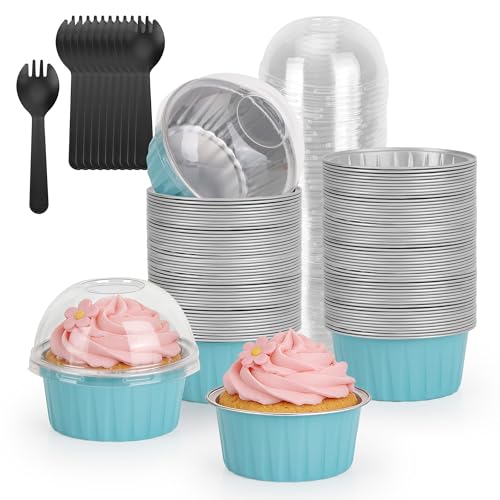 100-Pack 5 oz Mint Blue Mini Cake Pans with Lids, Disposable Aluminum Foil Baking Cups, Muffin Tins, Ramekins for Cupcakes, Brownies, Flan, Pudding - Baby Shower, Bridal Shower & Birthday Party - color: Mint Blue