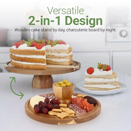 Linda’s Essentials Acacia Wood Cake Stand with Lid (Acrylic) 12 Inch Round Cake Holder Stand with 5 Bonus Cake Sheets, 2-in-1 Wooden Cake Stand with Dome & Charcuterie Board for Cheese, Cake Plate