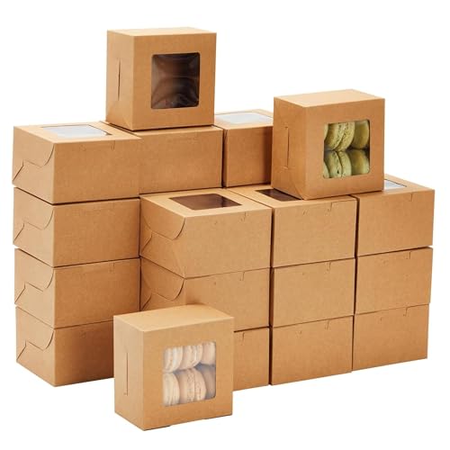 Juvale Cookie Boxes with Window - 50 Pack, 4 x 4 x 2.5 in Brown Cardboard - Pastry Containers & Cupcake Box for Baked Goods Packaging - Mini Treat Holders
