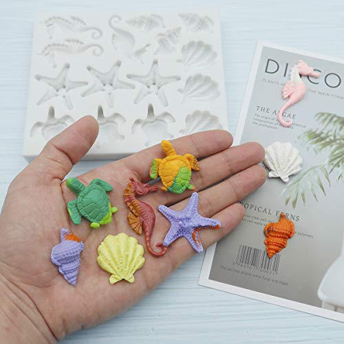 Sakolla Marine Theme Fondant Silicone Molds, Seashell, Conch, Seahorse, Starfish, Tortoise Silicone Mold for Cake Decoration, Chocolate Candy Sugar Craft - color: Marine Theme 15 Cavity/Grey
