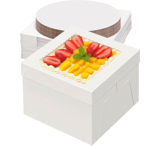 20 Packs Cake Box 10 inch with Cake Board (10 Pcs Box + 10 Pcs Board) Disposable Cake Containers Bakery Take Out Container Cake Carrier for Cookies Pies (10x10x8inch) - size: 10x10x8inch