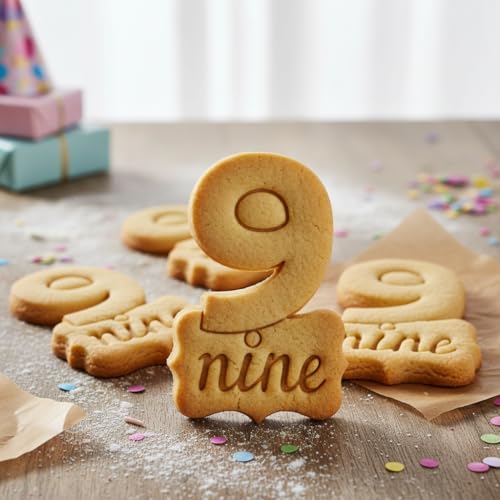 BAKERLOGY Number 9 Cookie Cutter – “Nine” Embossed Design for – Baking Stamp for 9th Birthday Cakes, Anniversary Cupcakes, Age-Themed Cookies, and Party Decorations