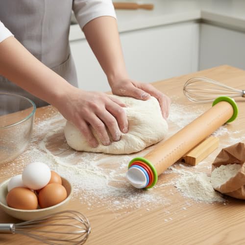 Adjustable Rolling Pin with Thickness Rings, 17 Inch Wood Roller - size: 17INCH