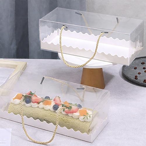Okllen 20 Pack Clear Roll Cake Boxes with Portable Handles, 10.8" Lx4.3 Wx3.8 H Rectangle Bakery Cake Boxes, Pumpkin Swiss Roll Containers for Birthday Wedding