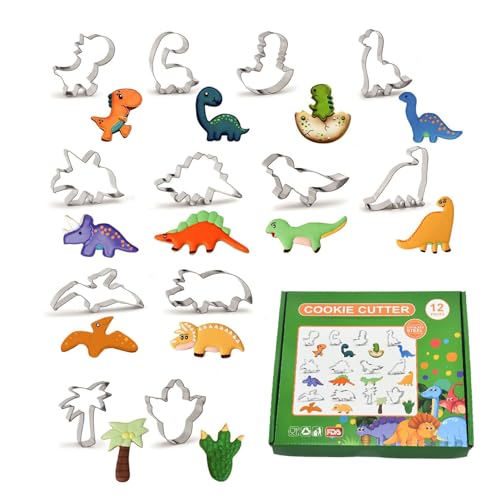 12 Pcs Dinosaur Cookie Cutters, Footprint, Eggs,Brontosaurus, Camarasaurus, Stegosaurus, Thiceratops Stainless Steel Cookie Cutters for Baking (Dinosaur) - color: Dinosaur