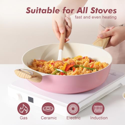 SENSARTE Ceramic Nonstick Frying Pan Skillet with Lid, 12 Inch Large Deep Frying Pan, 5 QT Saute Pan, Induction Pan, Healthy Non Toxic Cooking Pan with Helper Handle, PFOA PFAS PTFE Free - color: Pink, size: 5QT / 12IN