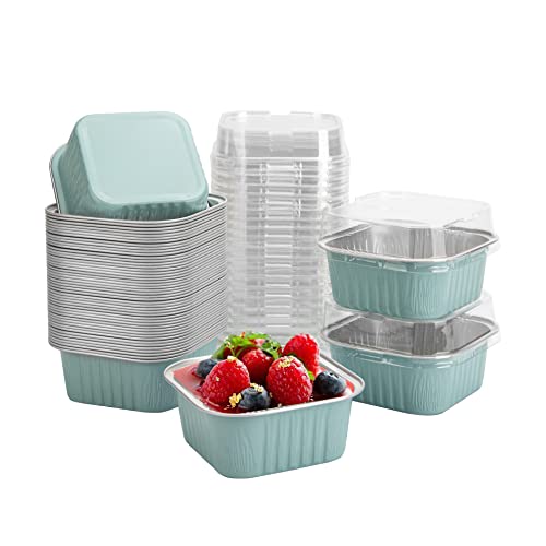 50 Pcs Mini Square Baking Cups with Lids,10oz Aluminum Foil Mini Cake Pans with Lids,Disposable Ramekins Cake Pans,300ml Dessert Cups Cupcake Pans for Wedding Birthday Party,Blue - color: Blue, size: 10oz